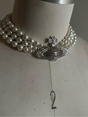 Pearl Multi-Strand Choker Necklace with Silver Orb Pendant